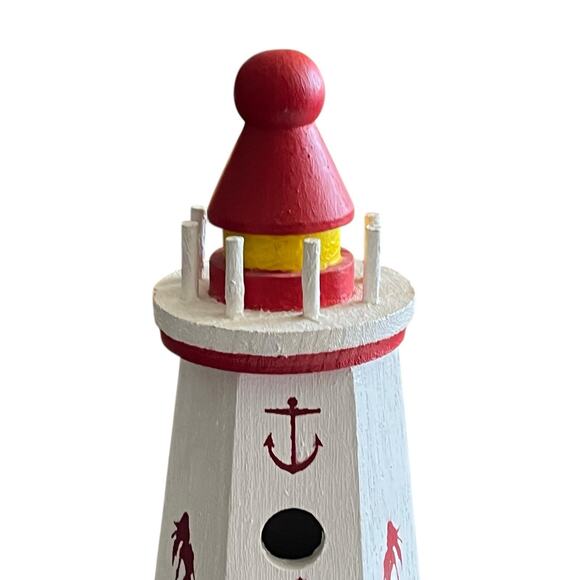 Handmade Red & White Painted Wooden Lighthouse Bird House 10.5" x 4.75" - Picture 5 of 9
